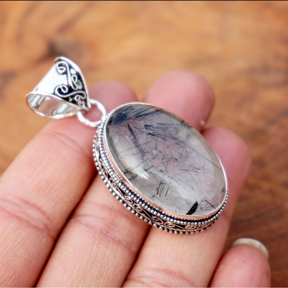 Statement Natural Black Rutile Quartz 925 Sterling Silver Plated Pendant